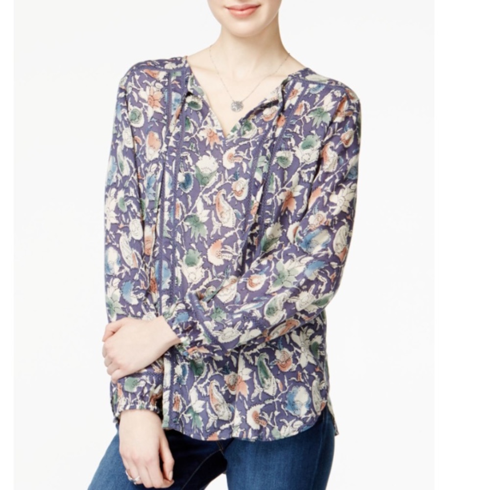 Lucky Brand Floral Crochet Insert Peasant Blouse